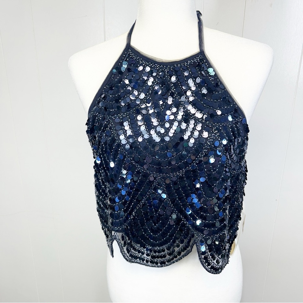 NWT Verte Navy Sequin and Beaded Cropped Festival Halter Top Medium
